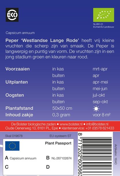 Peper 'Westlandse Lange Rode' Biologisch